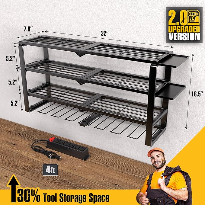 Spampur 420LB Capacity Power Tool Organizer with Charging Station & 6 Outlets | Quick Assembly 4-Layer Heavy Duty Rack for Dr