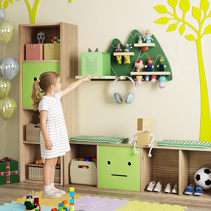 Green Mountain Tonie Shelf - Wall Mounted Tonies Shelves for Toniebox, Magnetic Wood Display Floating Shelves for 8-14 Tonie 