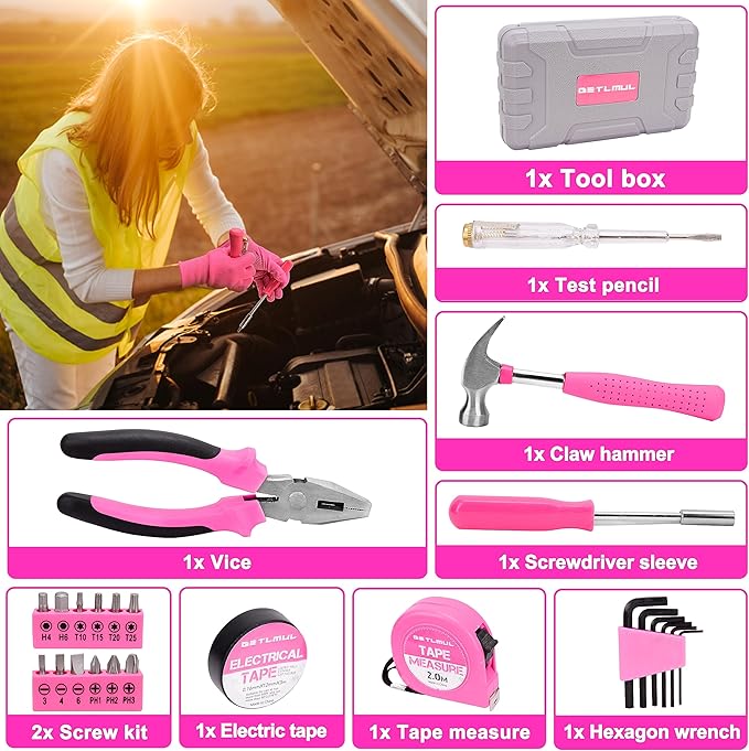 Pink Car Emergency Kit, Premium Roadside Emergency Car Accessories Kit with Jumper Cables, Flashlight, Shovel, Toolbox Set, e