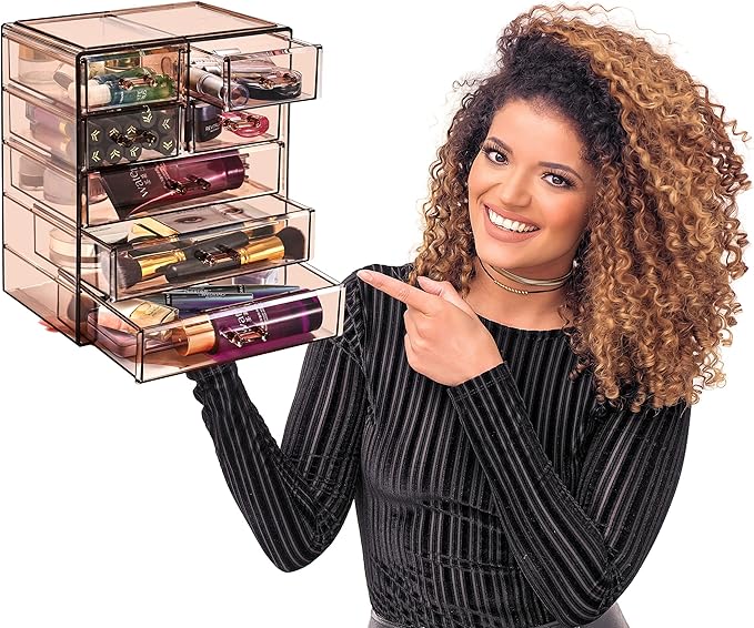 Sorbus Acrylic Makeup Organizer Set, 7-Drawer Vanity & Countertop Cosmetic Storage with Small & Wide Drawers, Bronze Glow Mak