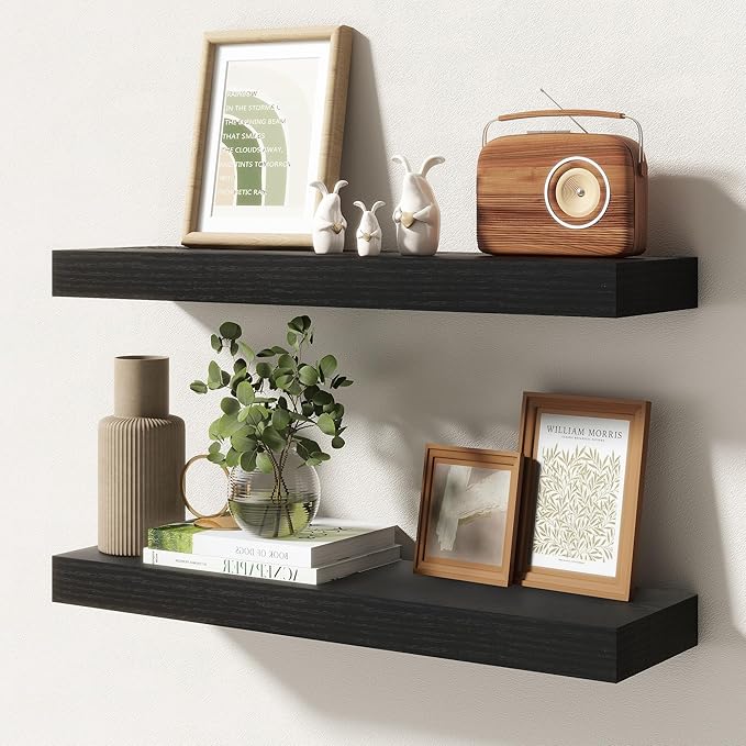 24 Inch Floating Shelves | 6.5 Inch Deep Black Floating Shelves Set of 2 | 24" W x 6.5" D Rustic Black Wood Wall Shelves with