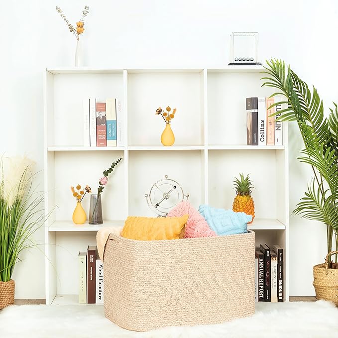 MINTWOOD Design 112L Extra Large Blanket Basket Holder Living Room, 25"x17"x16" Rectangle Rope Woven Storage Basket with Hand