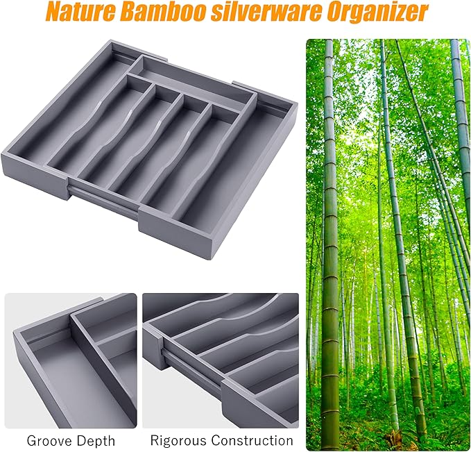 Kitchen Silverware Drawer Organizer and Storage Bamboo Wood Cooking Utensil Holder Cutlery Knife Jewelry Spice Rack Spoon For