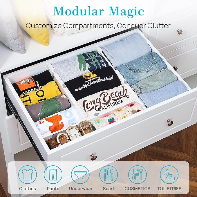 Vtopmart 16 Pack Drawer Dividers for Clothes, 4" High 11.3"-17" Adjustable Expandable Dresser Drawer Organizer, Plastic Drawe