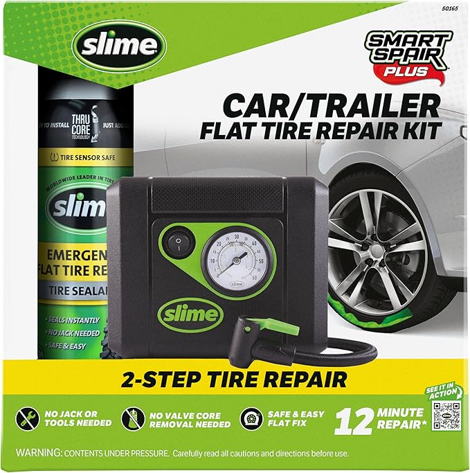 Slime 50165 Flat Tire Puncture Repair, Smart Spair Plus, Emergency Kit for Car Tires, Includes Sealant and Tire Inflator Pump