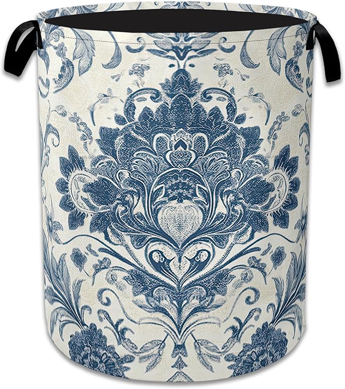 Vintage Blue Floral Laundry Basket Collapsible Laundry Hamper Clothes Toy Storage Bin for Bathroom Bedroom Room Decor 16" X 2