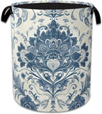 Vintage Blue Floral Laundry Basket Collapsible Laundry Hamper Clothes Toy Storage Bin for Bathroom Bedroom Room Decor 16" X 2