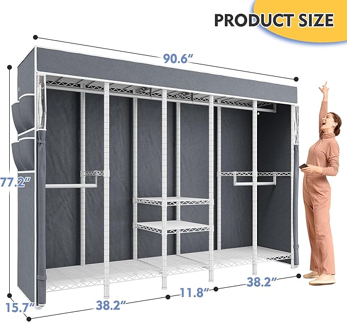 Raybee 90.6" W Extra-Large Clothes Rack with Cover, Freestanding Clothing Racks for Hanging Clothes, Heavy Duty Closet Organi