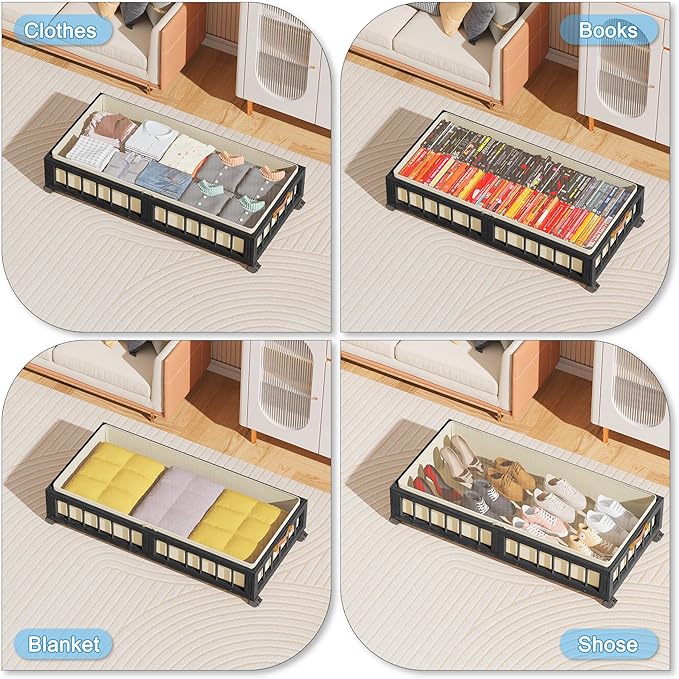 efluky 2-Pack Bamboo Under Bed Storage with Wheels, Rolling UnderBed Storage Basket with Large Dust Bag, Under Bed Storage Co