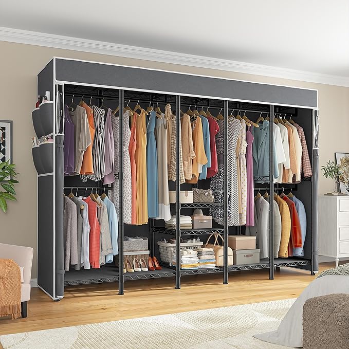 Raybee 90.6" W Extra-Large Clothes Rack with Cover, Freestanding Clothing Racks for Hanging Clothes, Heavy Duty Closet Organi