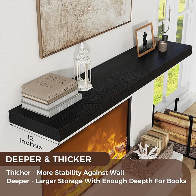 Floating Shelves for Wall, 48" W x 12" D x 2" H, 2 Pack of Long Wall Mounted Engineered Wood Shelves with Invisible Brackets 