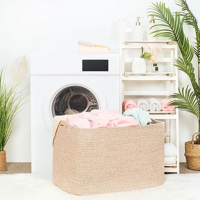 MINTWOOD Design 112L Extra Large Blanket Basket Holder Living Room, 25"x17"x16" Rectangle Rope Woven Storage Basket with Hand