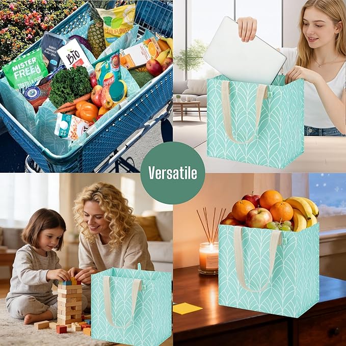 VENO 4 Pack Reusable Grocery Shopping Bags, Heavy-Duty Tote Bags with Handles, for Shopping Cart with Hard Bottom to Stand Upright, Foldable (Evergreen, 4 Pack)