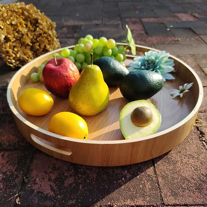 16" Large Lazy Susan Turntable with Handles – Wooden Rotating Tray with Raised Rim – Rustic Farmhouse Kitchen Island & Table 