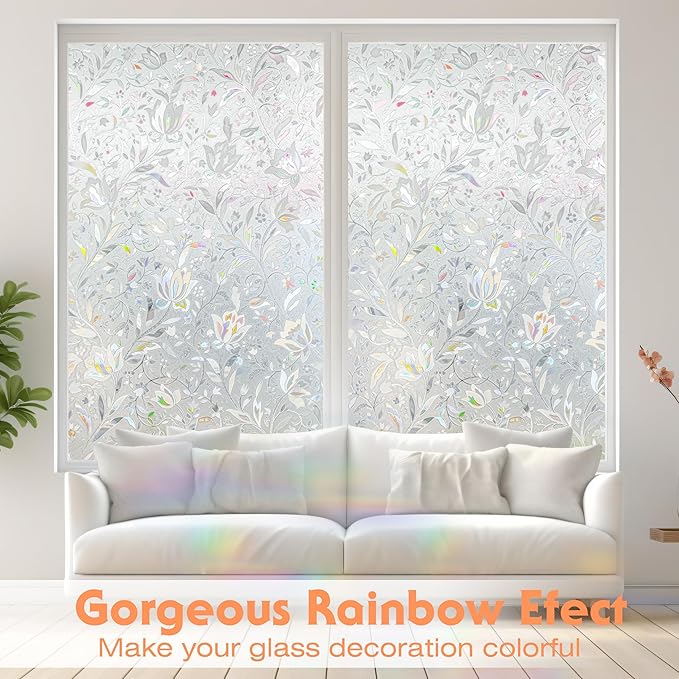 Rainbow Tulip Stained Frosted Glass Window Sticker - Static Non-Adhesive, No-Glue Window Cling (23.6'' x 78.7'')