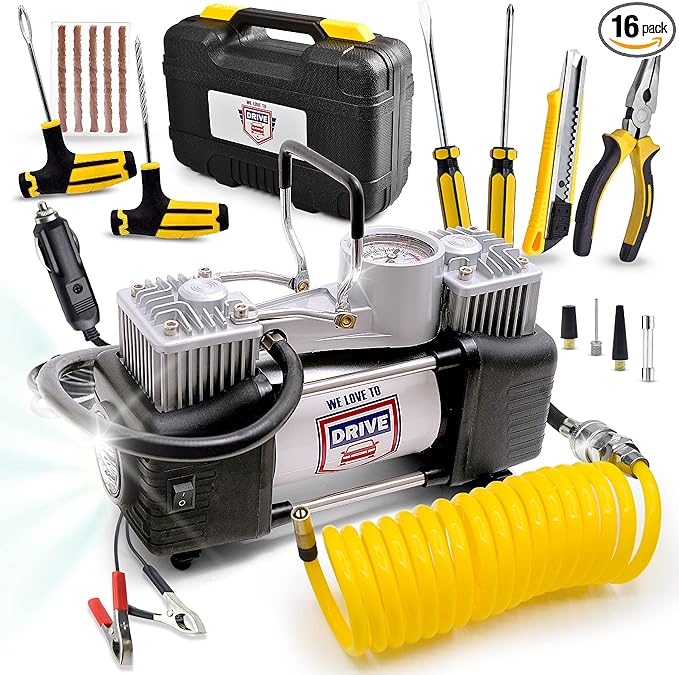Tire Inflator Portable Air Compressor with Tire Repair Kit – Car Emergency Kit & 12V DC Dual Cylinder Air Pump for Cars, 150 PSI Tyre Pump with Tyre Pressure Gauge, and Car Accessories Air Pump