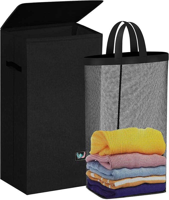 WTREE Laundry Hamper with Lid, Reinforced Sturdy Clothes Hamper with Anti-Puncture Base, Large Collapsible Laundry Basket wit