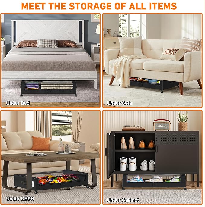 Under Bed Storage with Wheels, 4 Pack Under Bed Storage Containers with Dividers & Clear Lids, XXL 65L Under the bed storage 