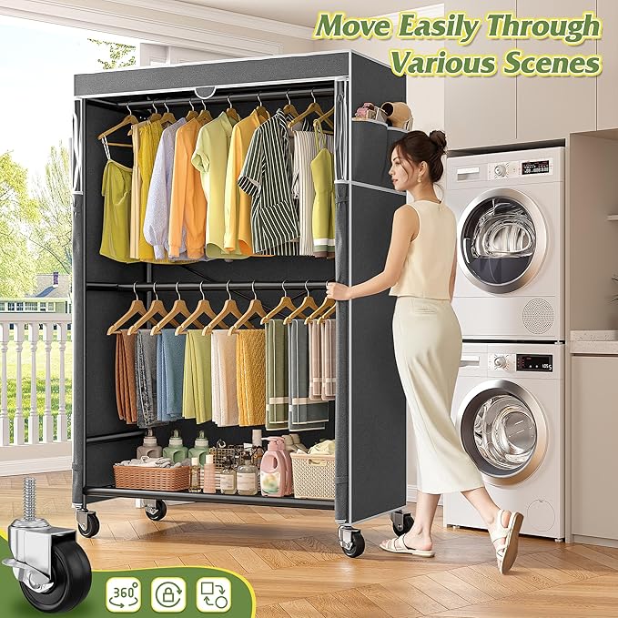 Raybee 80.32" H Clothes Rack with Cover,Rolling Clothing Racks for Hanging Clothes with Wheels,Heavy Duty Portable Garment Ra