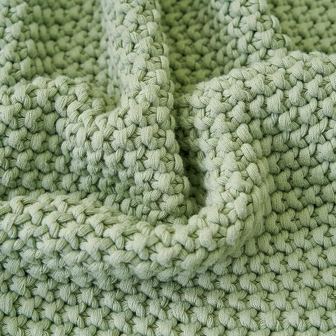 Chunky Cable Knit Throw Blanket Lightweight Light Green 100% Organic Cotton Blanket for Sofa Couch Bed Baby Nursery, Rustic S