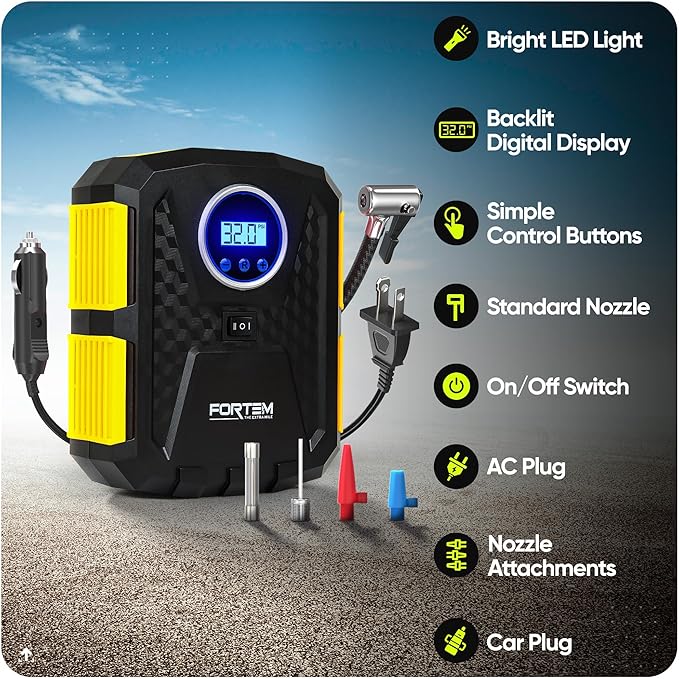 FORTEM Tire Inflator Portable Air Compressor, Air Pump for Car Tires and Bikes, Car Tire Pump w/Auto Shut Off, 150 PSI, 110V AC 12V DC, LED Light, Carrying Case, for Men, Women