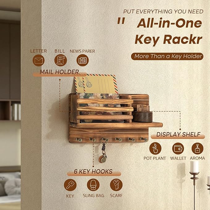 Rebee Vision Pine Wood Key Holder Wall Mount - Key Holder for Wall with Mail Slot Can Store Letters and Papers - Rustic Farmh