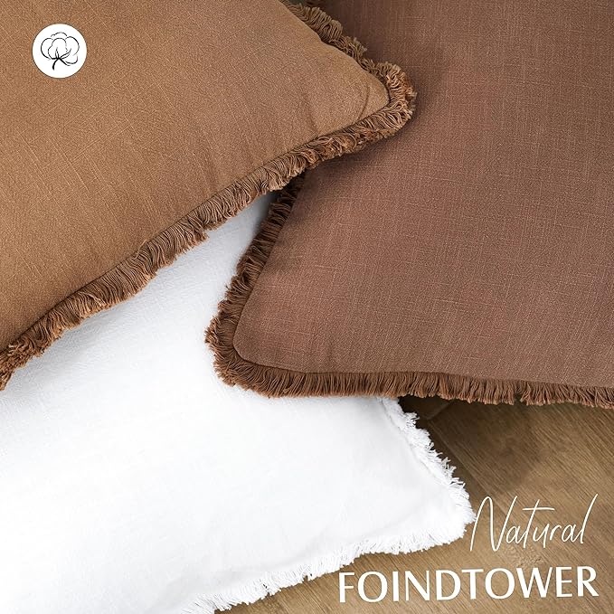 Foindtower Set of 2 Decorative Linen Fringe Throw Pillow Covers Boho Farmhouse Cushion Cover with Tassels Accent Pillowcase f
