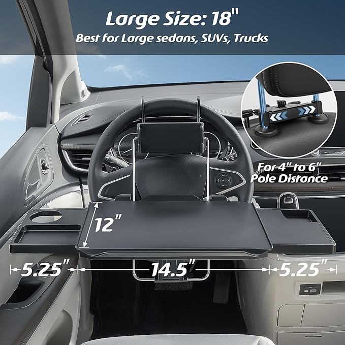 Paffenery Large Car Steering Wheel Tray Back Seat Headrest Tray with Phone Holder, Steering Wheel Desk Food Table for Car Laptop Mount Steering Wheel for Large SUVs, Trucks & Vans,18"