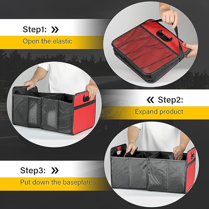 YSSOA 2 Compartments Car Trunk Organizer, 600D Oxford Polyester Car Storage, Anti-slip 14" D x 22" W x 12" H Collapsible