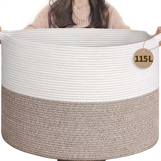 INDRESSME 115L Extra Large Blanket Basket, Soft Cotton Rope Storage Basket for Organizing, Home Decor, Toys, Laundry & Towels