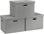 Graciadeco Large 17" 36 Quart Collapsible Stackable Storage Bins with Lids, 3 Packs Grey Linen Fabric Closet Boxes with Lids,