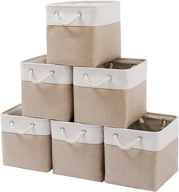 MidmmVick 11 x 11 Inch Cube Storage Bins, 6 Pack Large Collapsible Fabric Storage Bin with Ropes, Foldable Storage Cubes for 