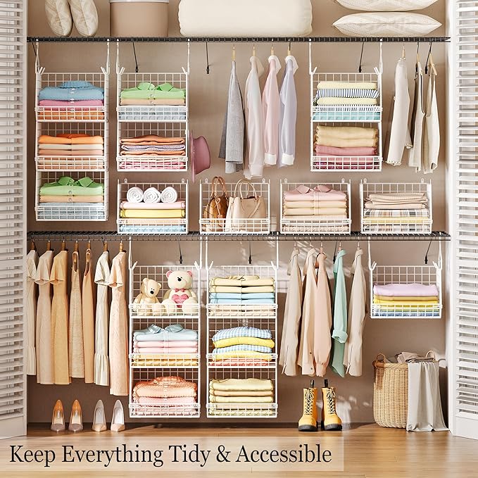 X-cosrack 3 Tier Foldable Closet Organizer, Clothes Shelves with 5 S Hooks, Wall Mount&Cabinet Wire Storage Basket Bins, for 
