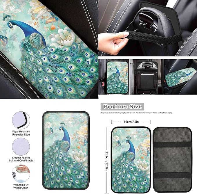 Peacock 13 PCS Car Seat Cover Set with Steering Wheel Cover Seat Belt Strap Cover Armrest Cover Coaster Keychain Automobile Interior Sets Decoration Easy to Install