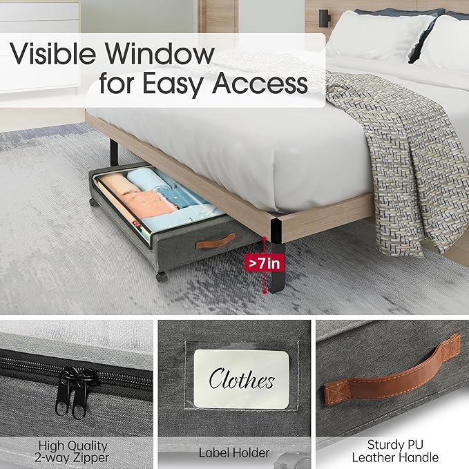 Yecaye Under Bed Storage with Wheels, 4 Pack 60L Under Bed Rolling Storage with Clear Window & Label, Underbed Storage Contai