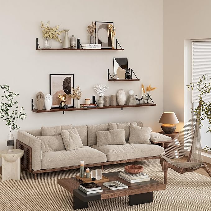 Floating Shelves for Wall, 36W x 8D Wide Bookshelf with Brackets Set of 3, Wood Wall Mounted Shelves for Living Room, Kitchen