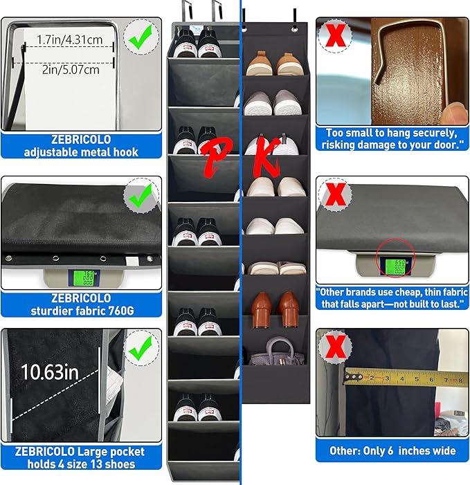 Heavy-Duty, Over The Door Shoe Organizer, Extra Large 10 Tiers, Over Door Shoe Organizer, Coated Hooks Grip Firmly Without Sc