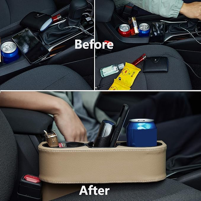 IOKONE Coin Side Pocket Console Side Pocket Leather Cover Car Cup Holder Auto Front Seat Organizer Cell Mobile Phone Holder (Beige)