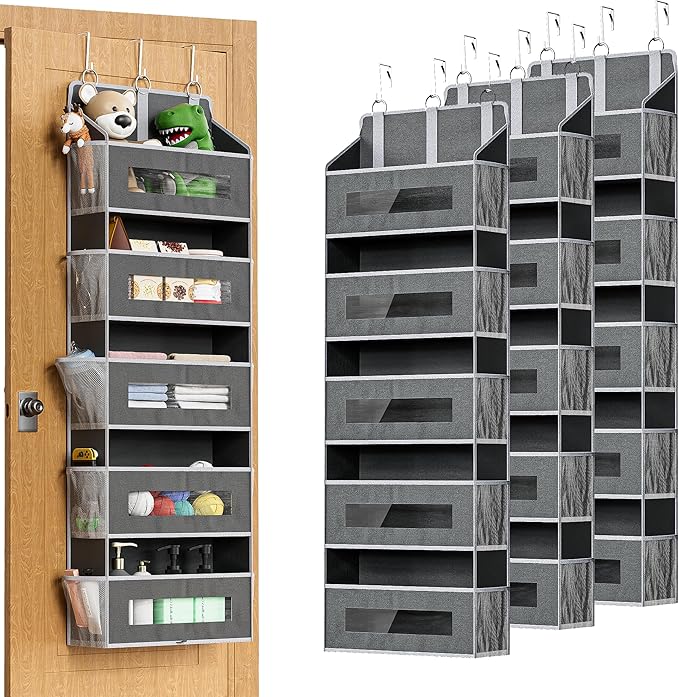 5 Tier Over The Door Organizer - Large Capacity Behind Door Hanging Shelves with 10 Mesh Pockets and Clear Windows, Closet Or