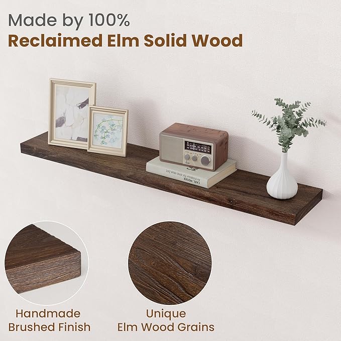 Floating Shelves for Wall Decor, 8 Inch Deep Rustic Solid Elm Wood Floating Shelves Wall Mounted, Wall Shelves with Invisible