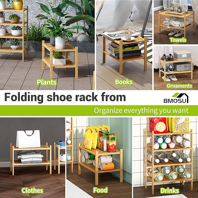 BMOSU 2-Tier Bamboo Small Shoe Rack Premium Stackable Shoe Shelf Storage Organizer for Hallway Closet Living Room Entryway Or