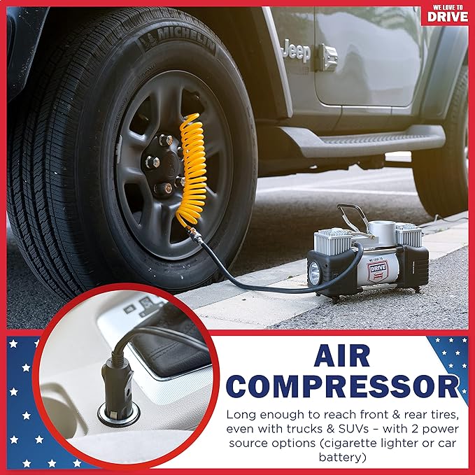Tire Inflator Portable Air Compressor with Tire Repair Kit – Car Emergency Kit & 12V DC Dual Cylinder Air Pump for Cars, 150 PSI Tyre Pump with Tyre Pressure Gauge, and Car Accessories Air Pump