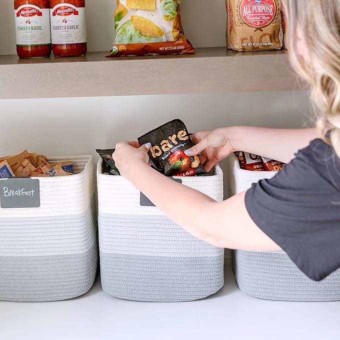NaturalCozy Storage Cubes 11 Inch Cotton Rope Woven Baskets for Organizing, 3-Pack | Cube Storage Bin | Square Storage Basket