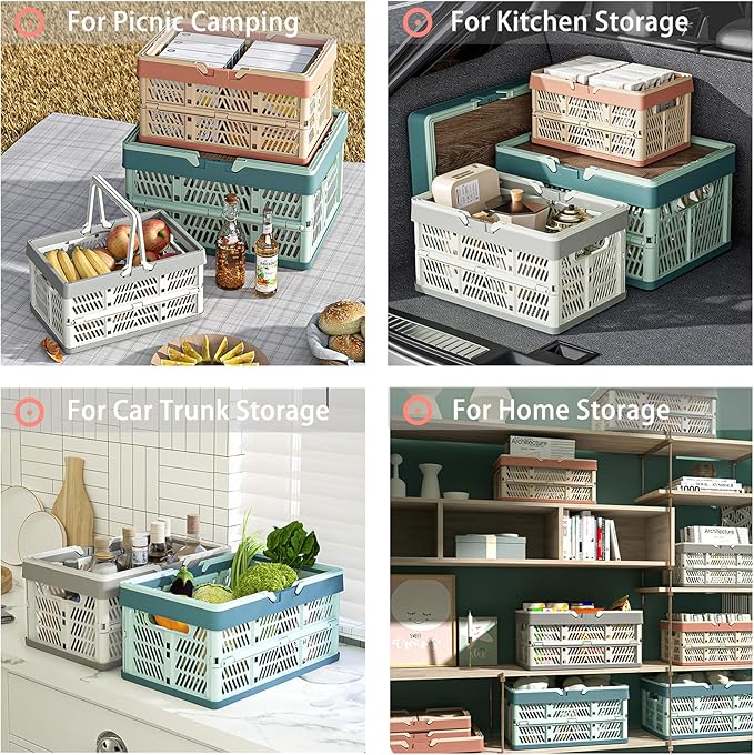 Collapsible Plastic Storage Crate - 20L Folding Organizer Basket Portable Stacking Storage Crate Bin with Handle, for Camping