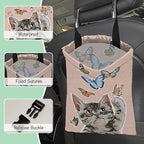 Cute Cat Car Garbage Bag,Flying Butterflies Waterproof Small Car Trash Bag Hanging Back of Seat,Drawstring Hanging Car Trash Bag with Adjustable Buckle for Car Accessories