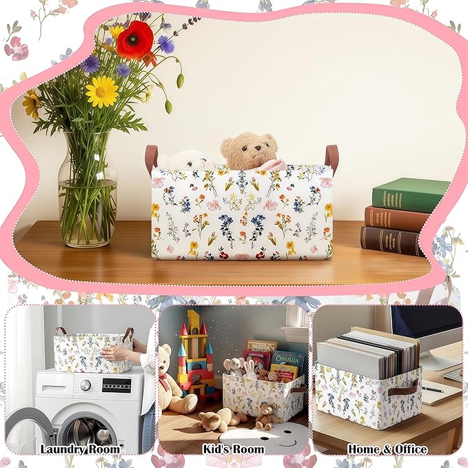 Boao 3 Pcs Watercolor Wildflowers Storage Bin Wildflowers Collapsible Large Storage Baskets for Gifts Canvas Laundry Basket F