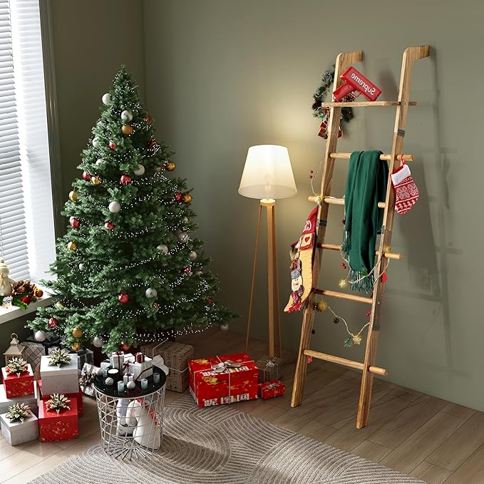 ZUNTO Blanket Ladder with Top Shelf for The Living Room - 67in Decorative Wooden Blanket Holder, 5 Tier with Side Hooks for H