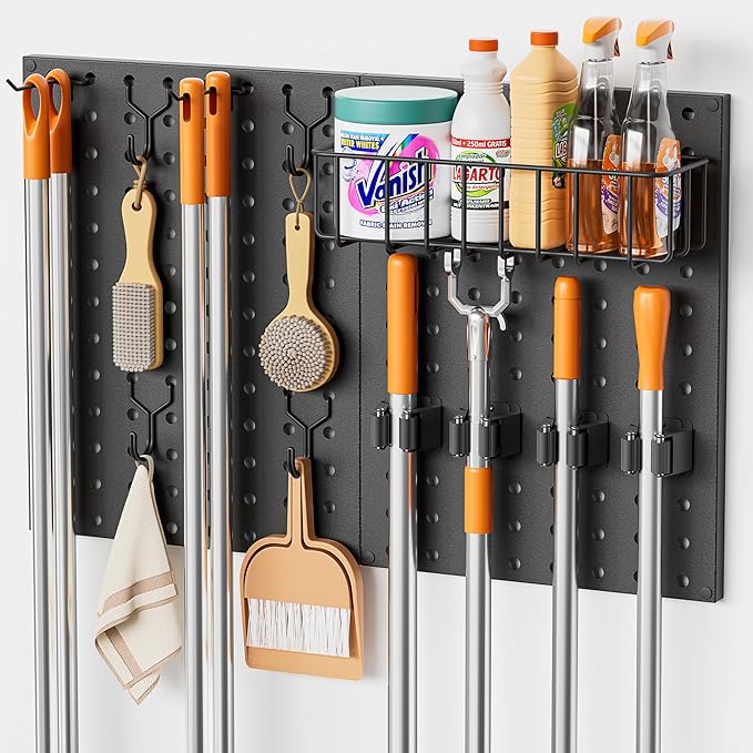 Broom Holder Wall Mount, Peg Board Wall Organizer with Mop Hanger Gripper Hooks Basket, Laundry Room Organization and Storage