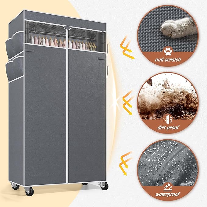 Raybee Rolling Clothes Rack with Cover Clothing Racks for Hanging Clothes Heavy Duty Portable Closet with Wheels Garment Rack