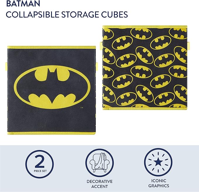 Batman Collapsible Storage Cubes – Set of 2 Foldable Fabric Bins for Kids – Organizer Boxes with Iconic Logo – Closet & Toy S